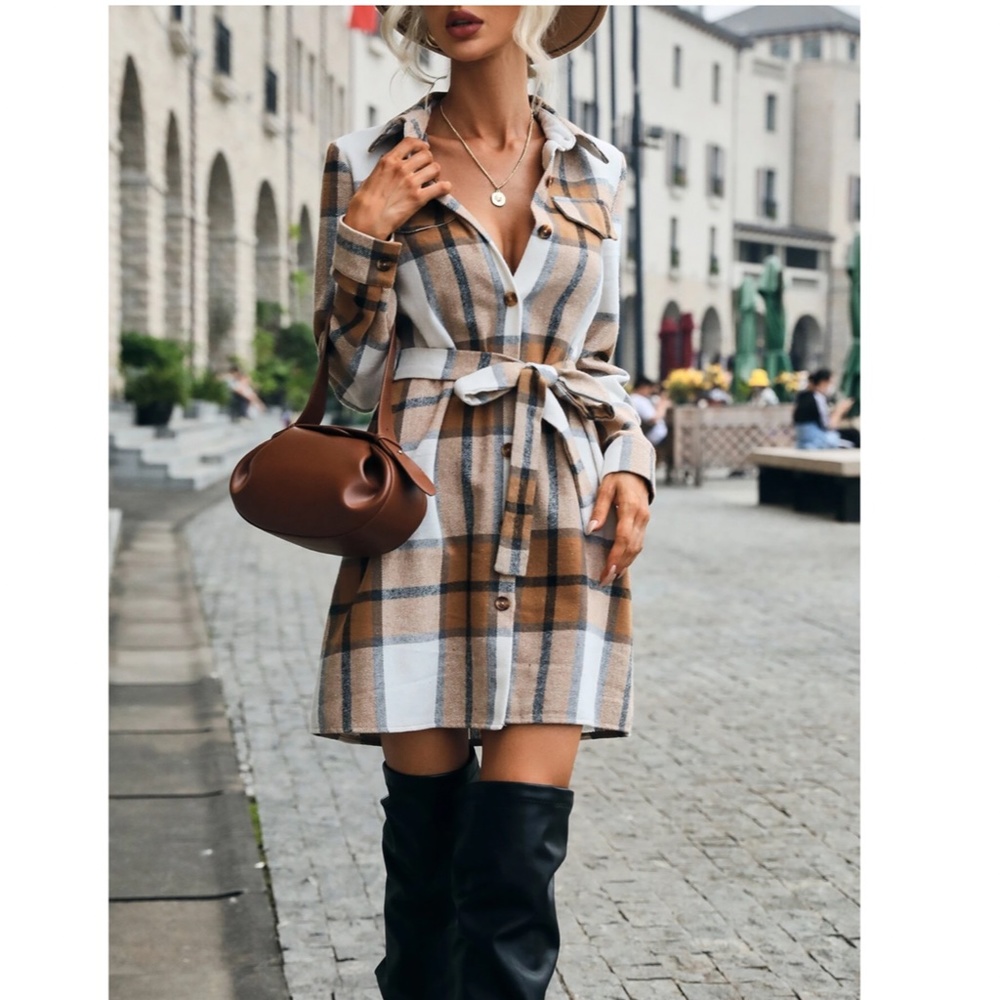 Plaid Long Sleeve Button Front Tie Belted Short Shirt Style Dress - Picture 5 of 10